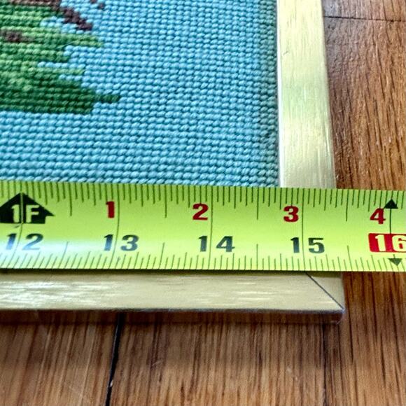 Vintage Needlepoint Portrait of Colonial Woman in Dress in Gold Frame - Picture 8 of 11